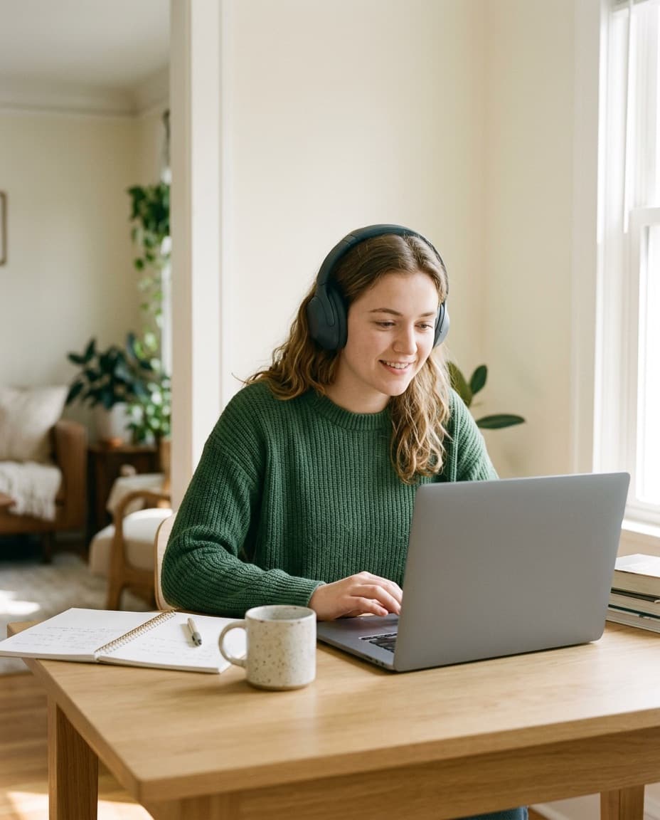 A student taking a mock test at her laptop, wearing headphones
